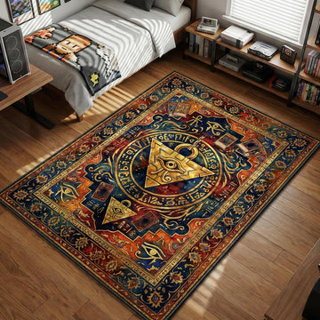 Millennium Puzzle surrounded by duel cards and hieroglyphs in ancient Egyptian art style area rug and floor mat