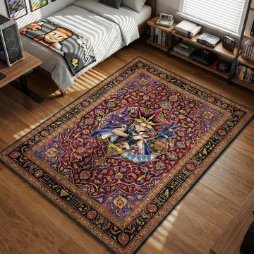 Millennium Puzzle surrounded by duel cards and hieroglyphs in ancient Egyptian art style area rug and floor mat