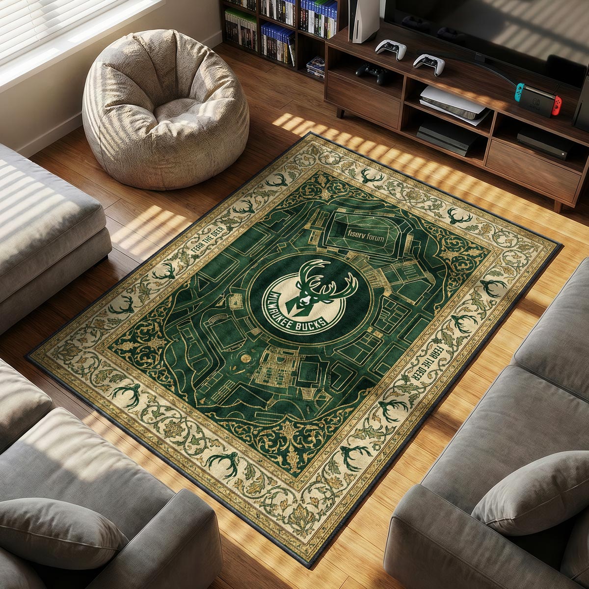 Milwaukee Bucks themed area rug for home decor fans