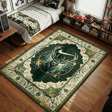 Milwaukee Bucks forest green deer crest rug with stag motif and ornate gold baroque border