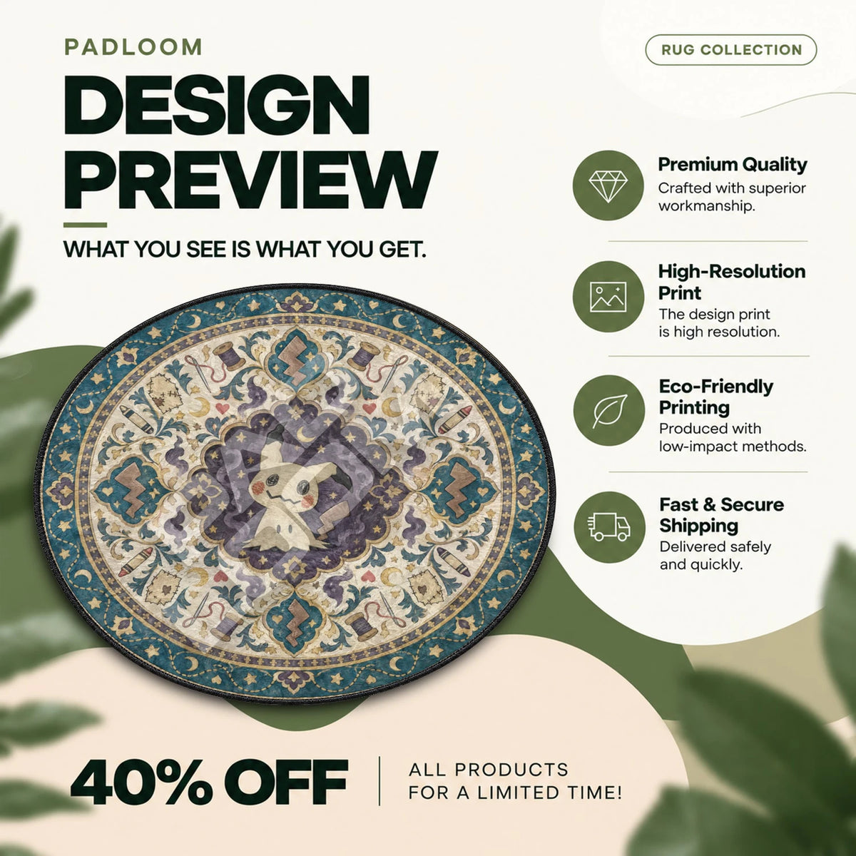 Mimikyu Patchwork Pokemon round rug full design preview