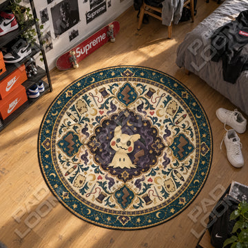 Mimikyu Patchwork Pokemon round rug on a bedroom floor - Pokemon chair mat