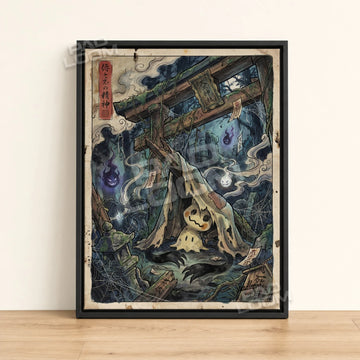 Mimikyu Shrine Pokemon poster - framed canvas wall art in a black frame