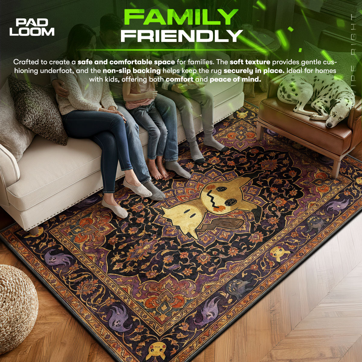 Mimikyu area rug showing full Vintage artwork