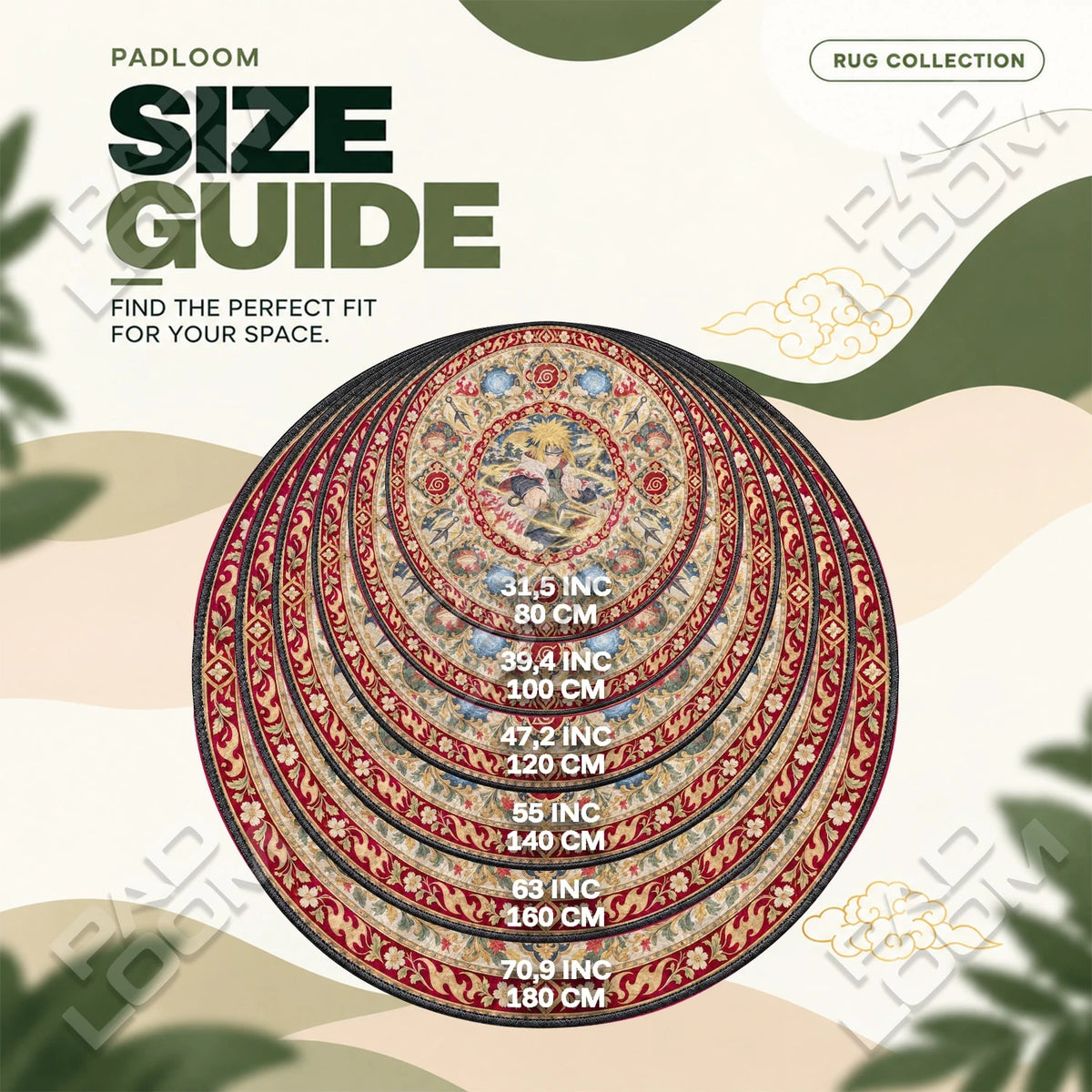 Minato Kunai round rug size guide, 80 to 180 cm (31.5 to 70.9 in)