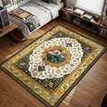 Minato Namikaze crouching with Flying Thunder God kunai on ornate white and gold floral background area rug and floor mat
