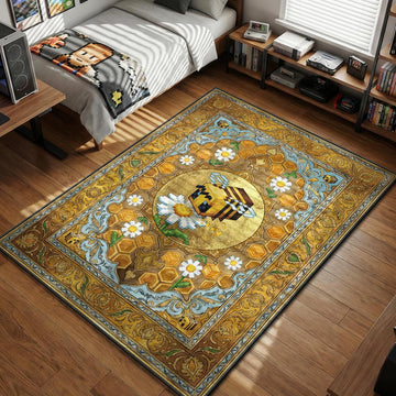 Pixelated Minecraft Bee gathering pollen from a white daisy on a golden honeycomb ornamental background gaming area rug and floor mat