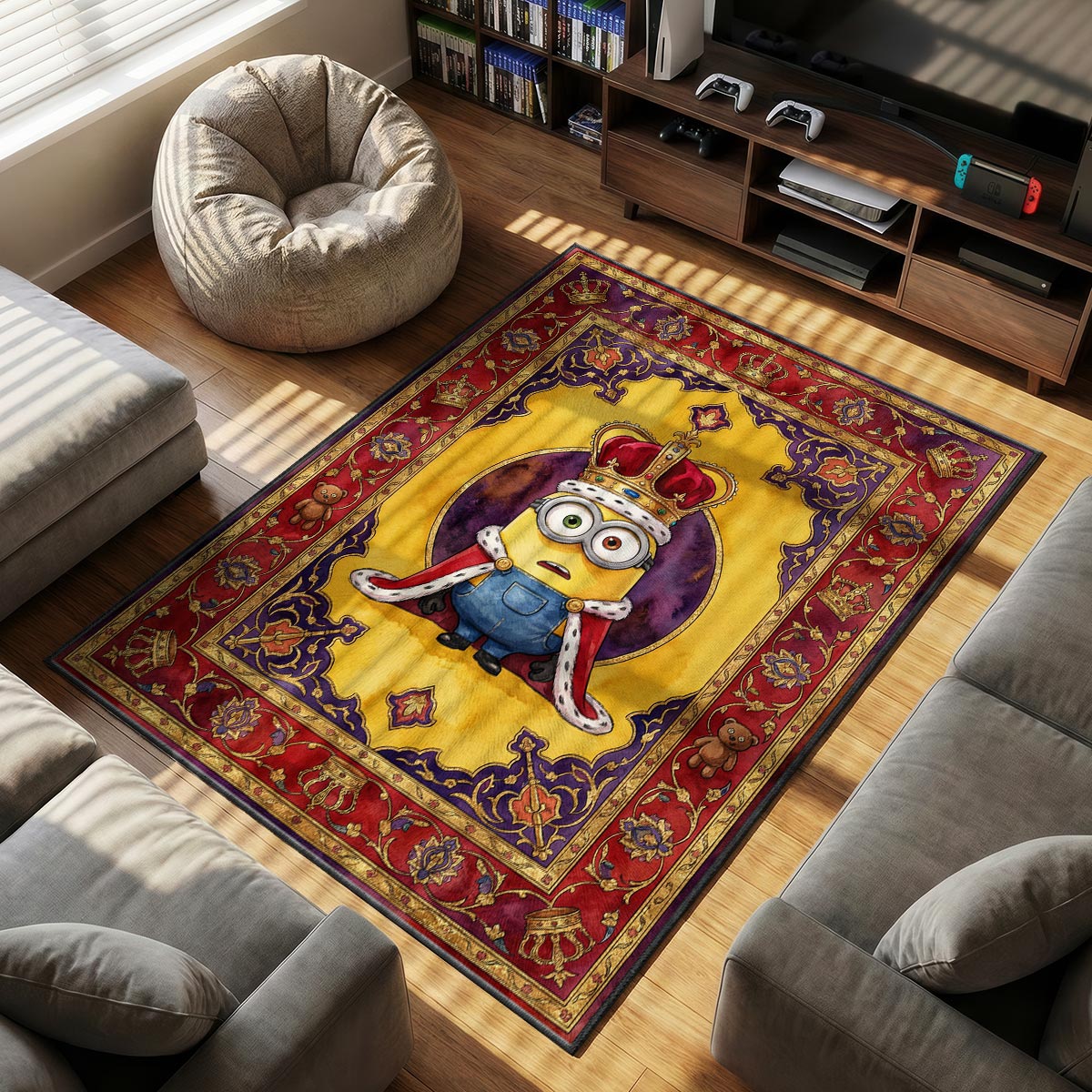 Minions King themed area rug for home decor fans