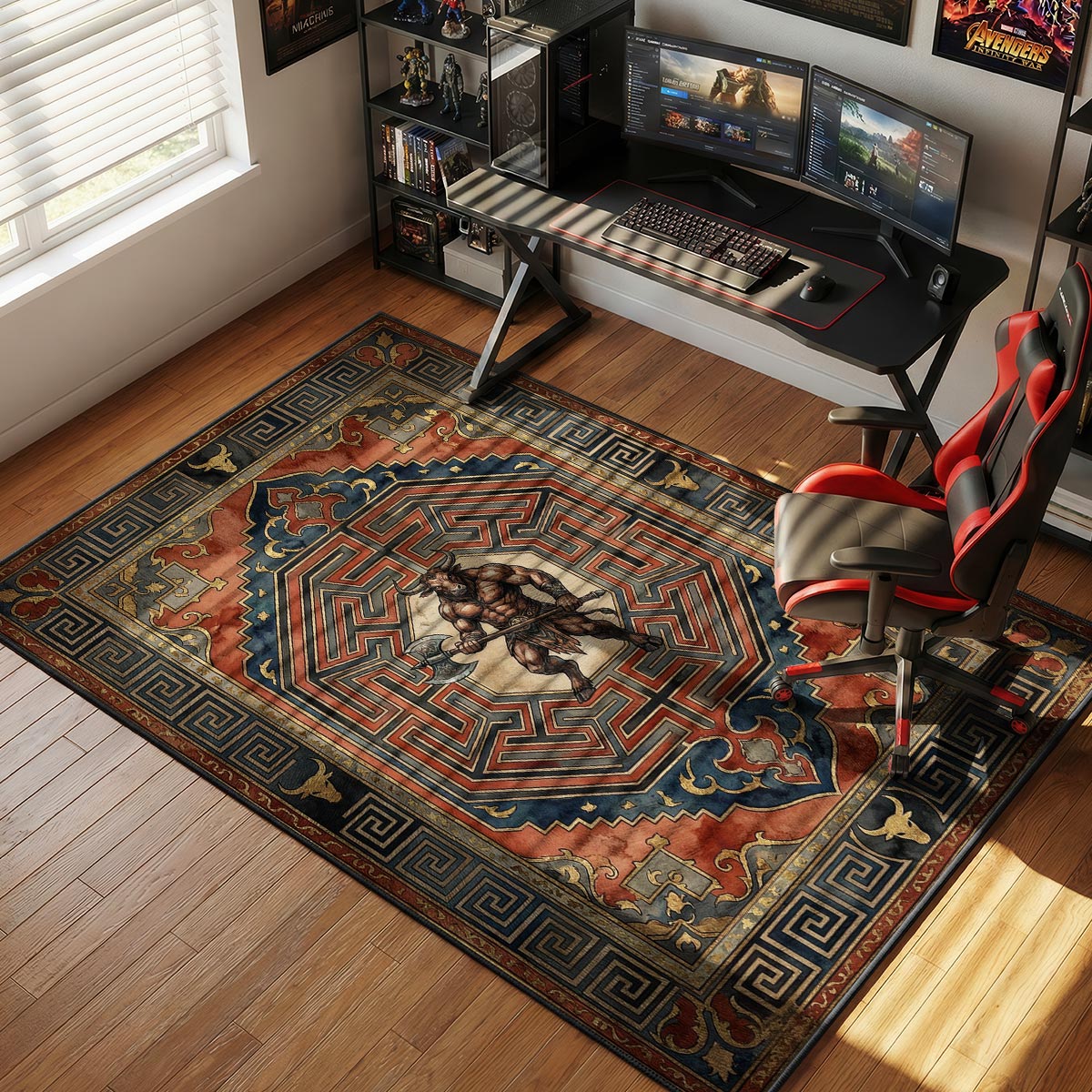 Minotaur labyrinth rug placed in a study with leather chair and classical bookshelf