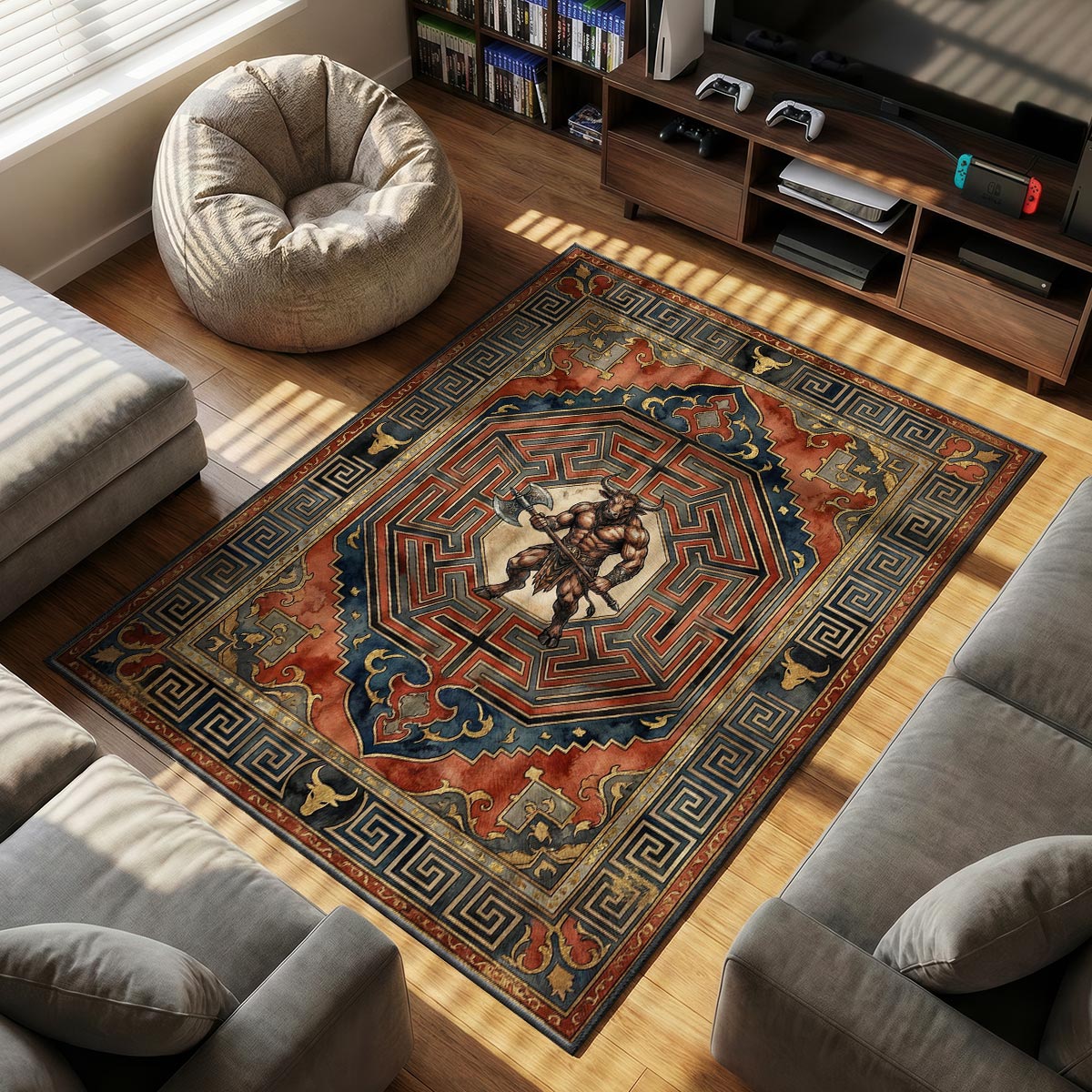 Close-up of Minotaur rug showing red maze path detail and bull head icon on velvet surface