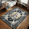 Mio playing flute with golden musical swirls and clock corners in ornate art nouveau style gaming area rug and floor mat