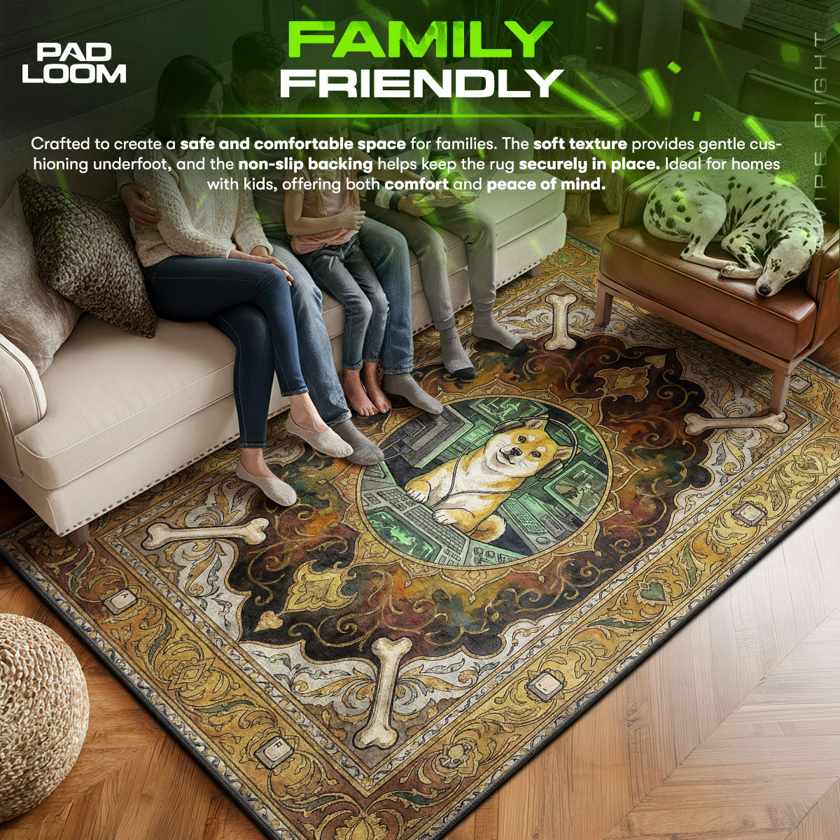 Mira area rug showing full home decor artwork