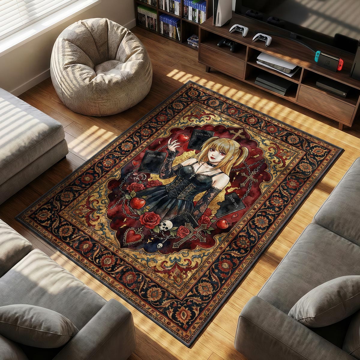 Misa Amane in gothic dress holding apple surrounded by roses and crosses in vintage art style area rug and floor mat