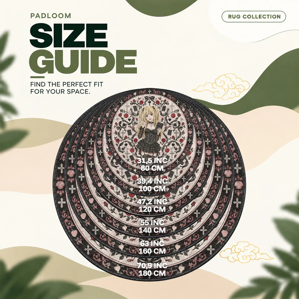 Misa Peace round rug size guide, 80 to 180 cm (31.5 to 70.9 in)