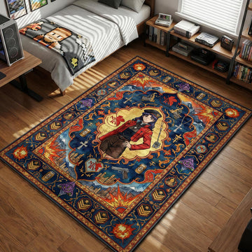 Misato Katsuragi in red jacket surrounded by beer cans and pistols woven into Persian art style area rug and floor mat