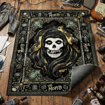 Misfits Crimson Ghost skull area rug with RIP tombstones bones and bat wings on dark gothic tapestry