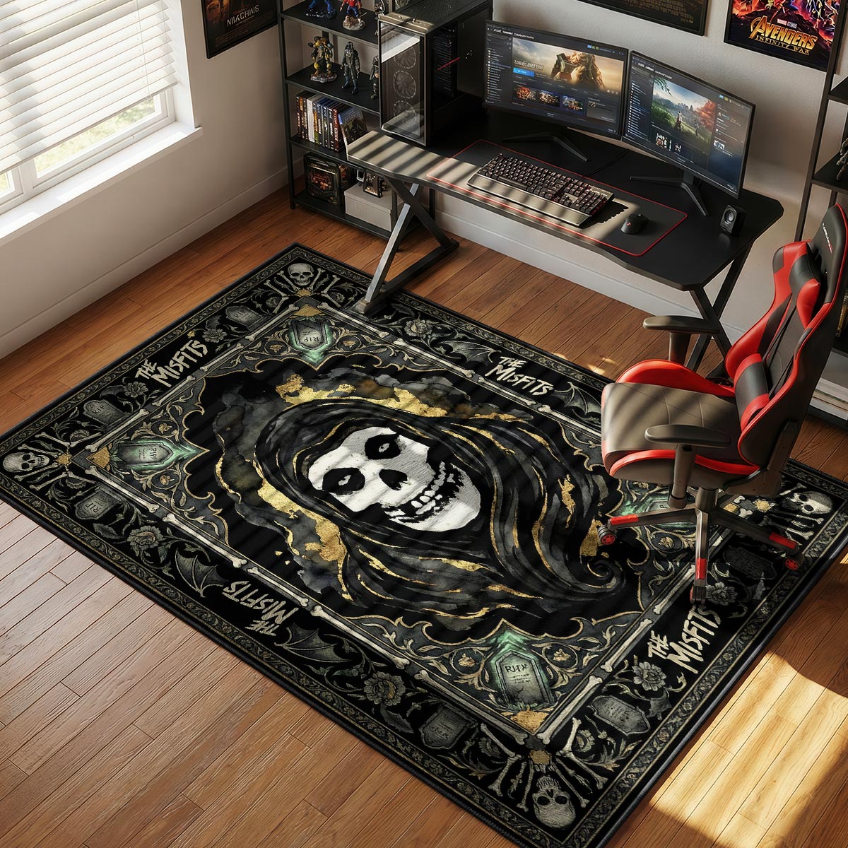 Misfits horror punk rug placed in a dark bedroom with candles and gothic decor elements