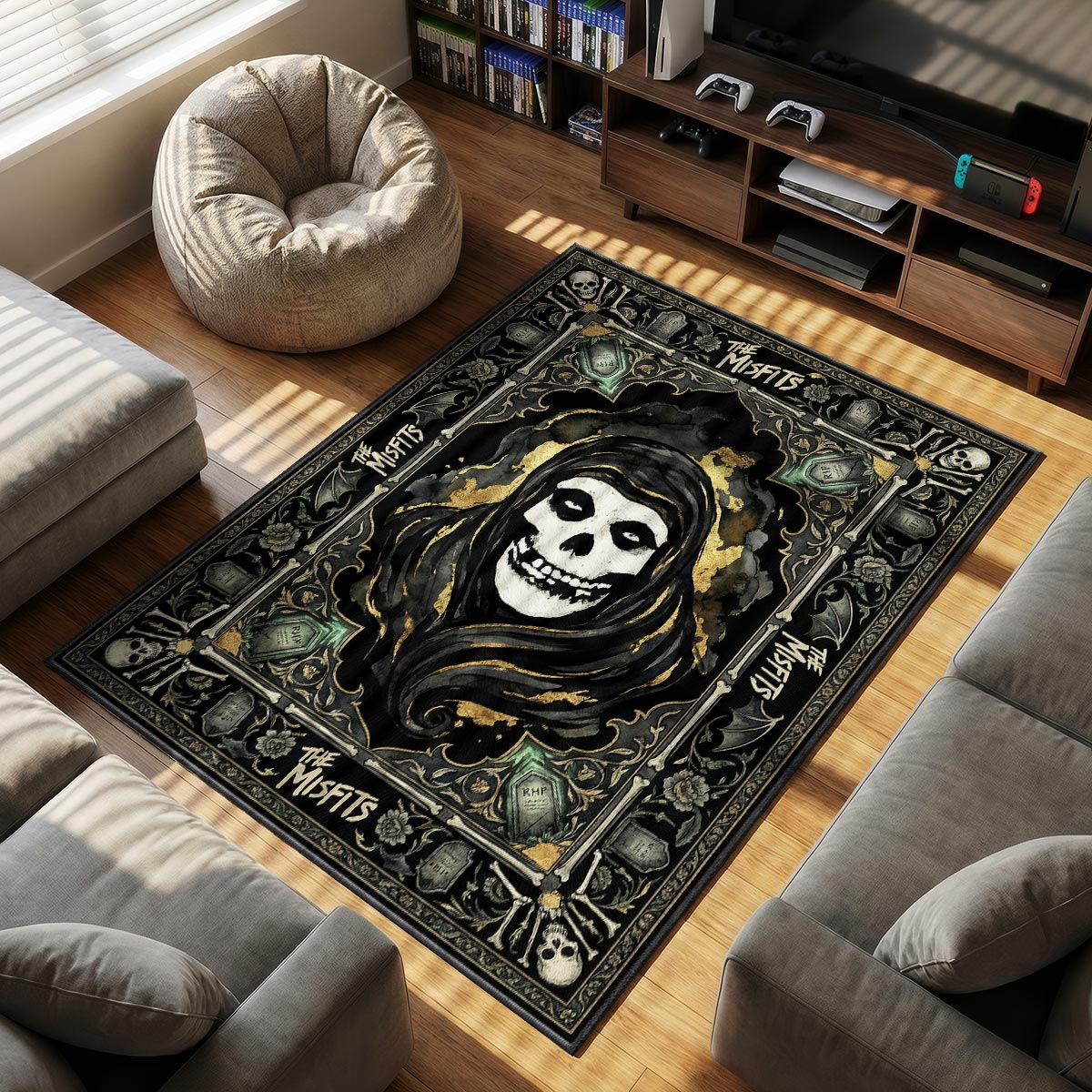 Detail of Misfits rug showing Crimson Ghost skull and gold leaf accents on dye-sublimation velvet