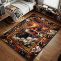 Miss Fortune firing dual pistols amidst flying gold coins and pirate ships in nautical art style gaming area rug and floor mat