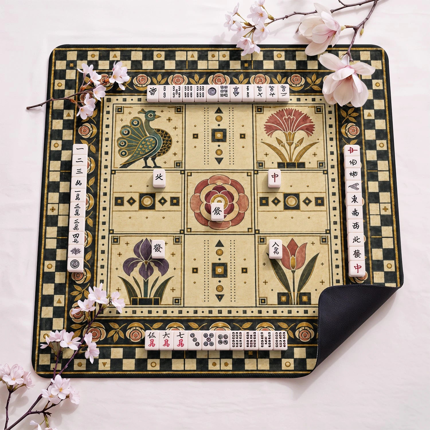 Mission Tile design close-up on mahjong mat surface