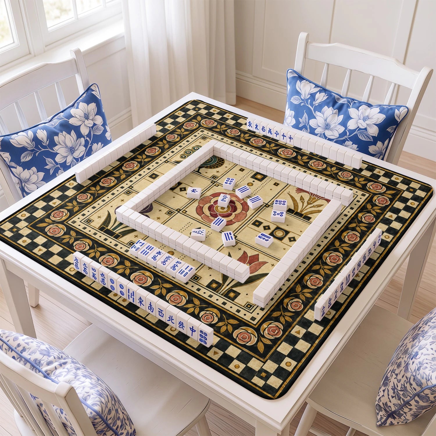 Mission Tile mahjong mat with tiles and racks on the table