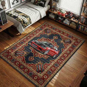 Mitsubishi Lancer Evolution red carbon hood 4G63 engine dark grey hypebeast area rug