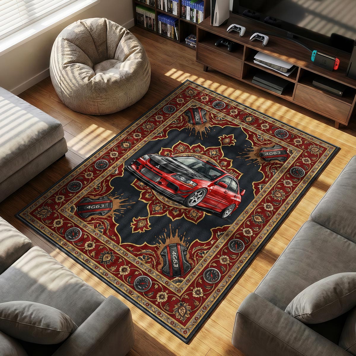 Mitsubishi Evo themed area rug for home decor fans