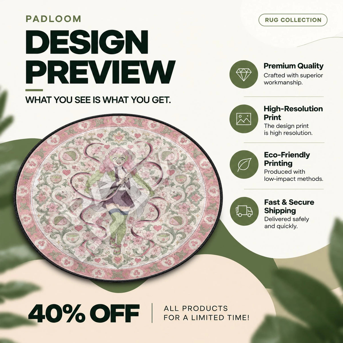 Mitsuri Sakura Demon Slayer round rug full design preview