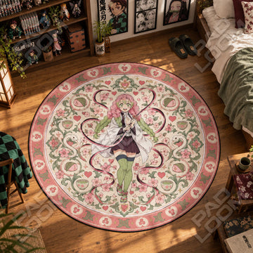 Mitsuri Sakura Demon Slayer round rug on a bedroom floor - Demon Slayer chair mat