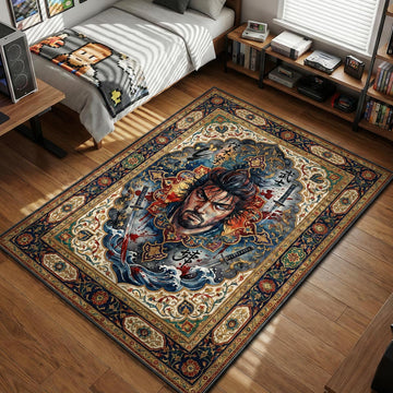 Miyamoto Musashi bloodied portrait with intense stare and japanese calligraphy area rug and floor mat