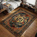 Miyamoto Musashi portrait inside golden enso circle with Japanese waves and mountains art style area rug and floor mat
