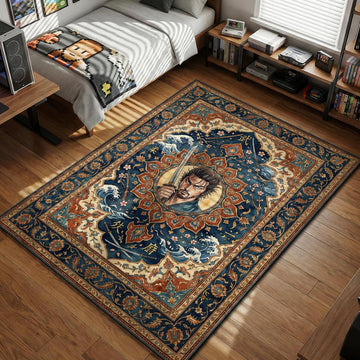 Miyamoto Musashi holding katana with waves and cherry blossoms in ukiyo-e style area rug and floor mat