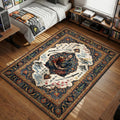 Miyamoto Musashi sitting in meditation with katanas and cherry blossoms traditional art style area rug and floor mat