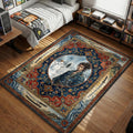 Miyamoto Musashi standing in snow next to a snowman with ornate red and blue border area rug and floor mat