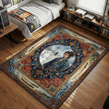 Miyamoto Musashi standing in snow next to a snowman with ornate red and blue border area rug and floor mat
