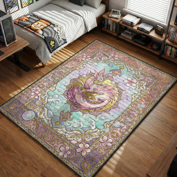 Mizutsune dragon surrounded by bubbles and cherry blossoms in pastel watercolor tarot card style gaming area rug and floor mat