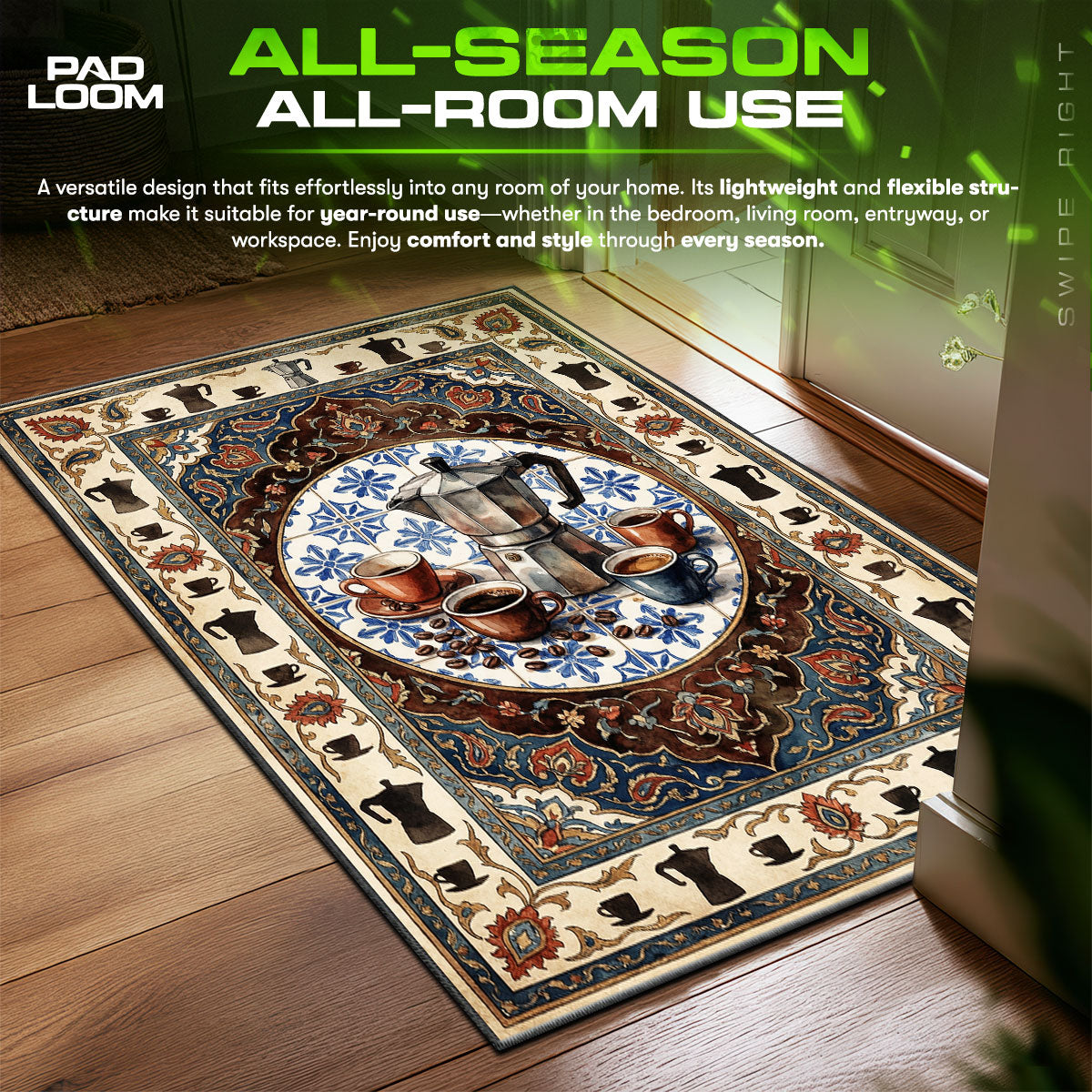 Floor themed rug edge stitching detail