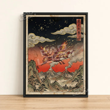 Moltres Volcano Pokemon poster - framed canvas wall art in a black frame