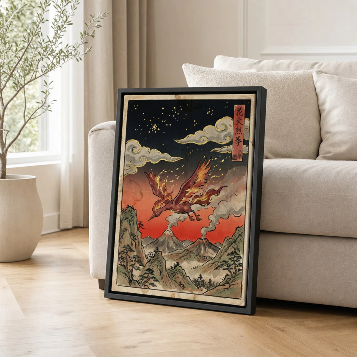Moltres Volcano Pokemon poster leaning beside a sofa - living room wall art