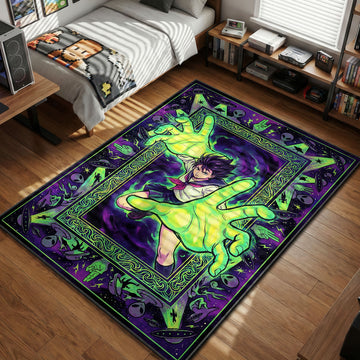 Padloom Dandadan anime rug featuring Momo Ayase using psychic powers with glowing green hands, surrounded by aliens and UFOs on a purple background.