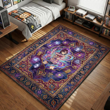 Momo Ayase using psychic powers surrounded by spirits and lightning in vintage purple design area rug and floor mat