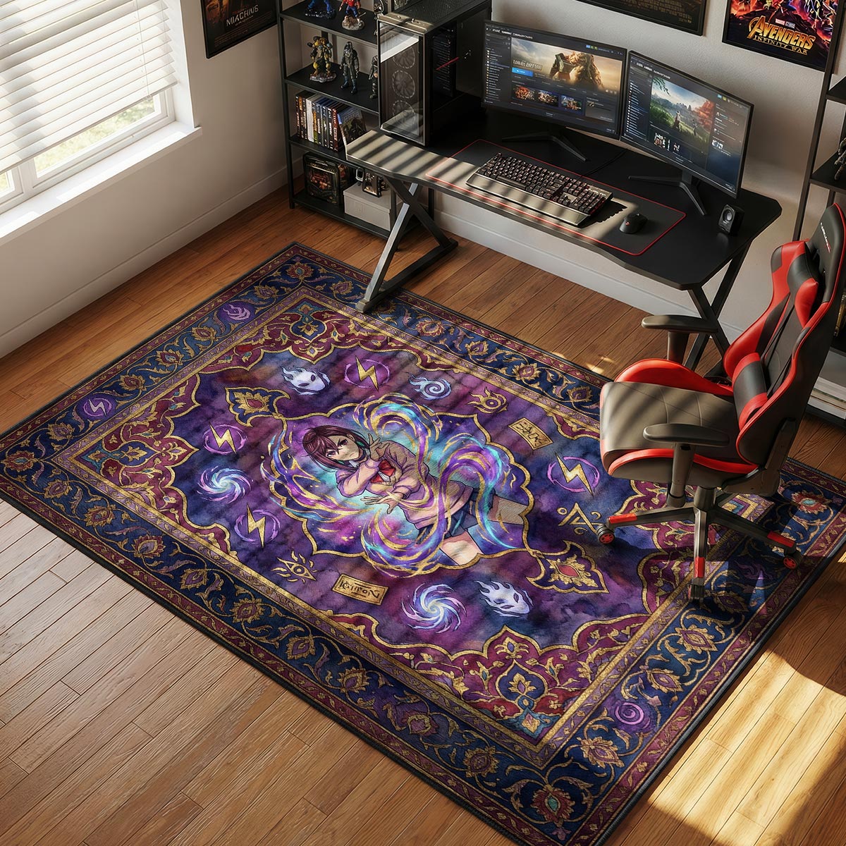 Momo Ayase using psychic powers surrounded by spirits and lightning in vintage purple design area rug and floor mat