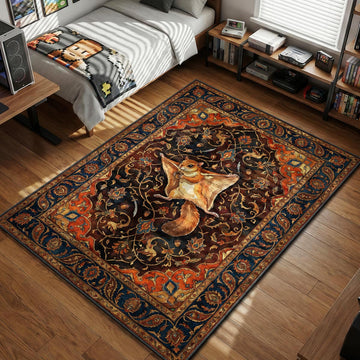 Momo the flying squirrel gliding across an ornate floral background with acorns and swords area rug and floor mat