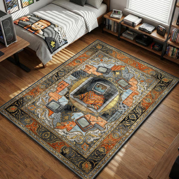 Momo the robot with sad CRT face wearing an orange poncho looking out a window illustration gaming area rug and floor mat