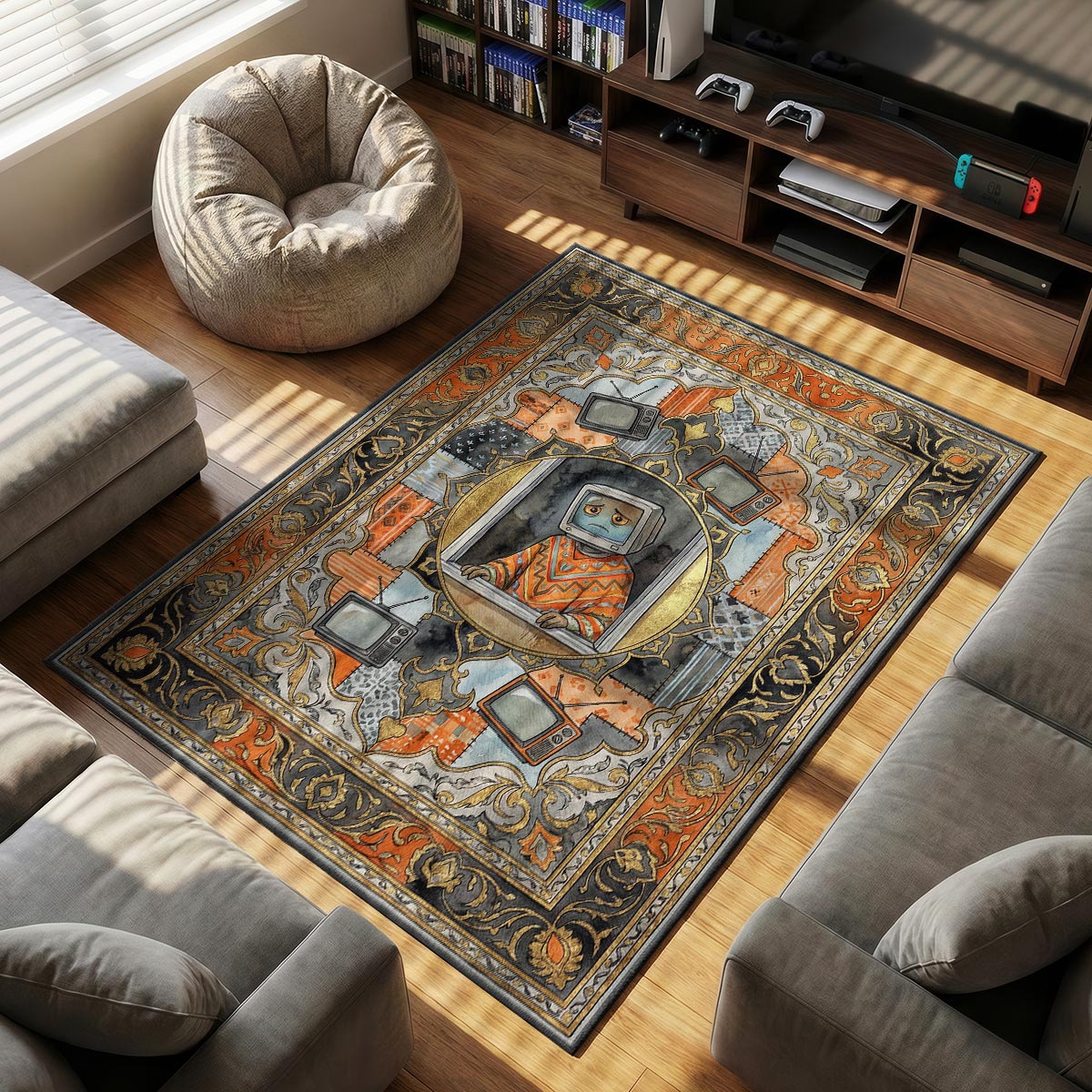 Momo Melancholy themed area rug for home decor fans