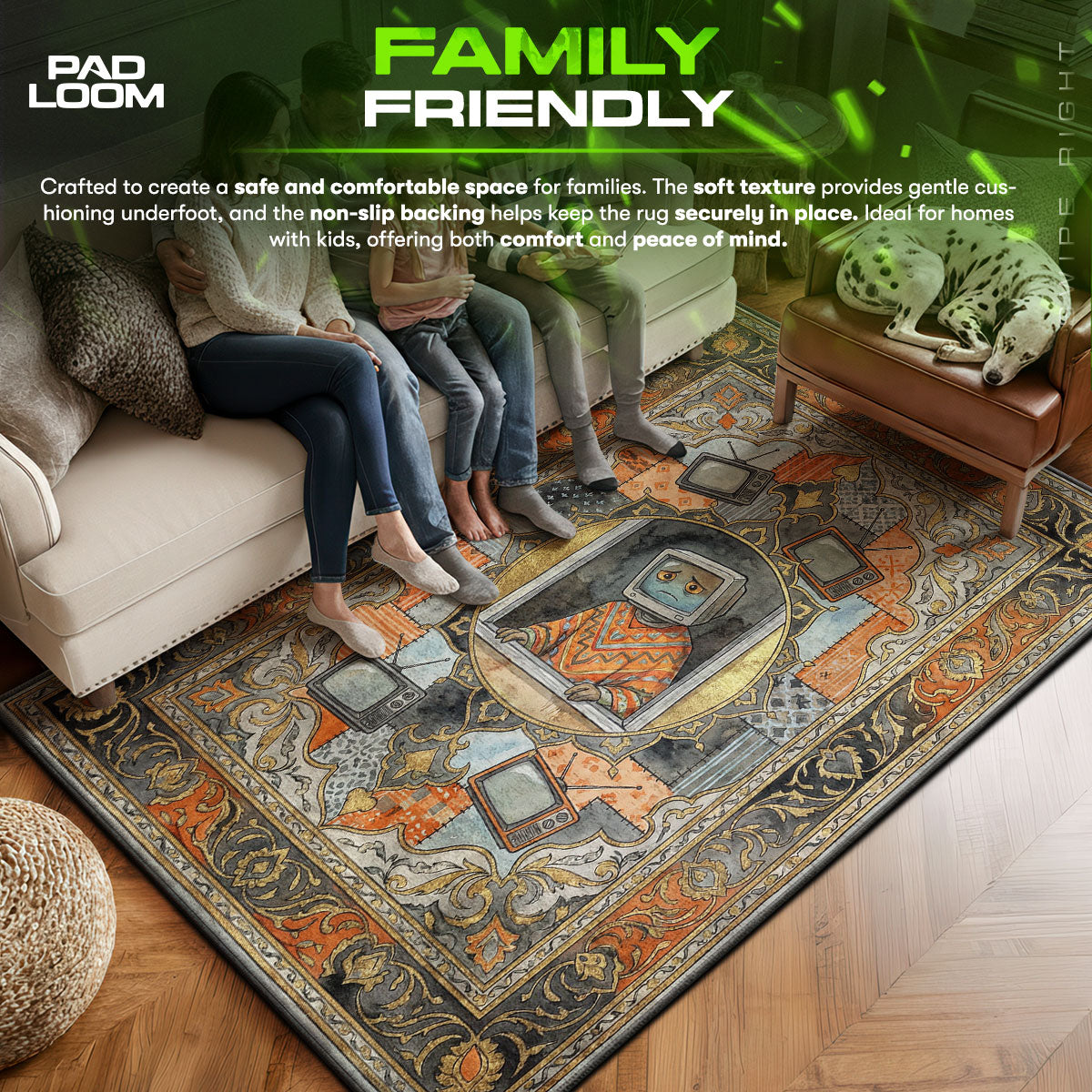 Momo area rug showing full home decor artwork