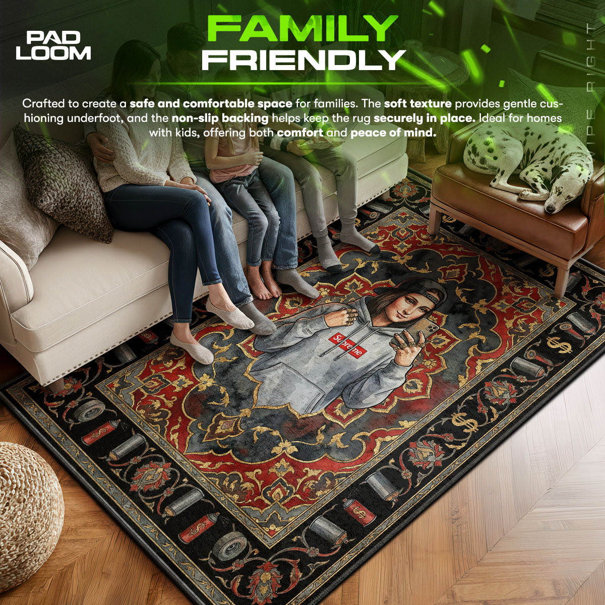 Mona area rug showing full home decor artwork