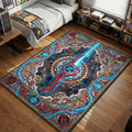 Monado Sword glowing blue with mechanical gears in tarot card style gaming area rug and floor mat
