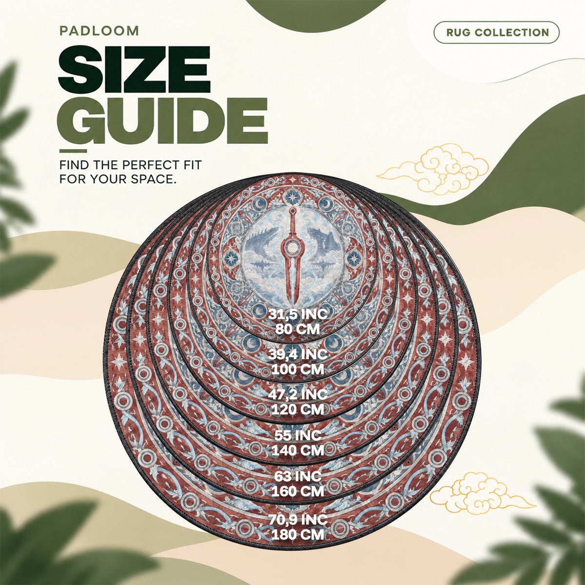 Monado Titans round rug size guide, 80 to 180 cm (31.5 to 70.9 in)