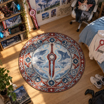 Monado Titans Xenoblade round rug in a styled room - Xenoblade chair mat